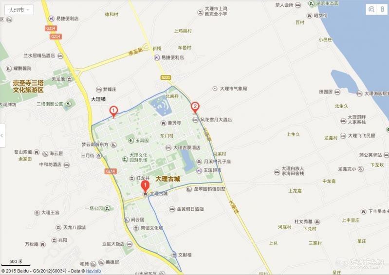 地图来说明,古城左侧g214国道,右侧大丽线s221,环海西路就是沿着洱海