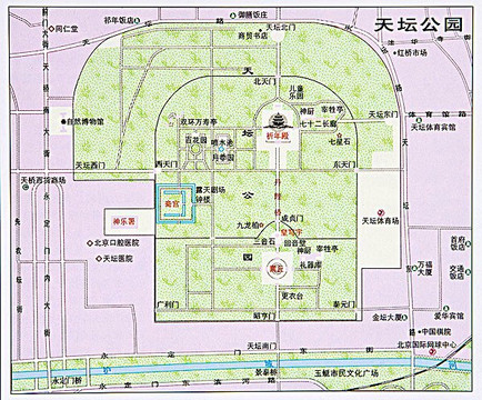整个坛域分布着四组建筑群:祈谷坛建筑群,圜丘坛建筑群,斋宫,神乐署