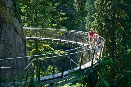 峡谷之间用吊桥和和蜿蜒曲折的栈道相连,穿行在栈道上如同行走在空中