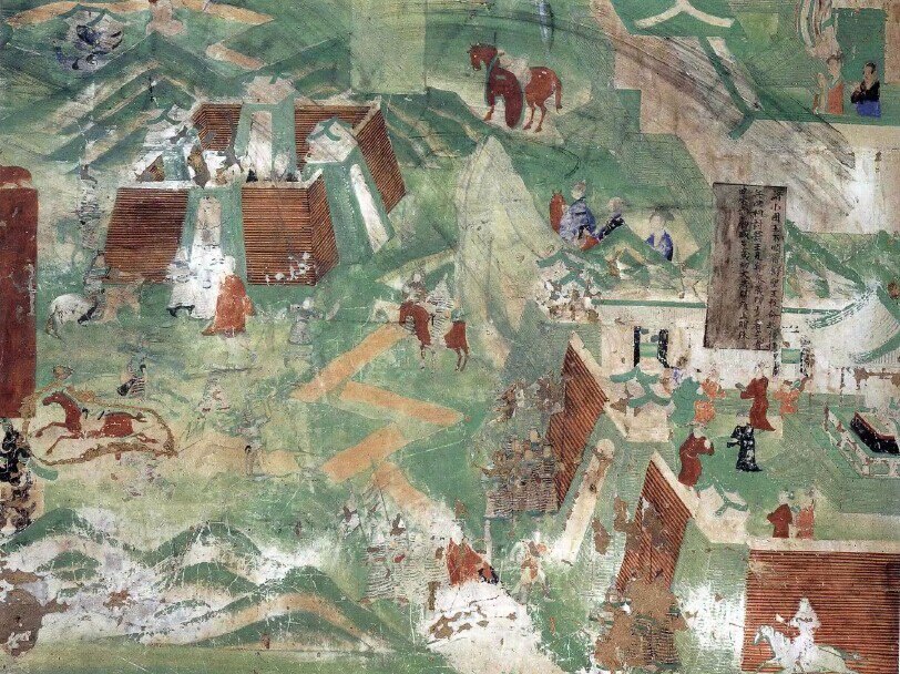 这一窟为中唐开凿后经西夏修复,很多西夏壁画剥落之后露出了中唐壁画